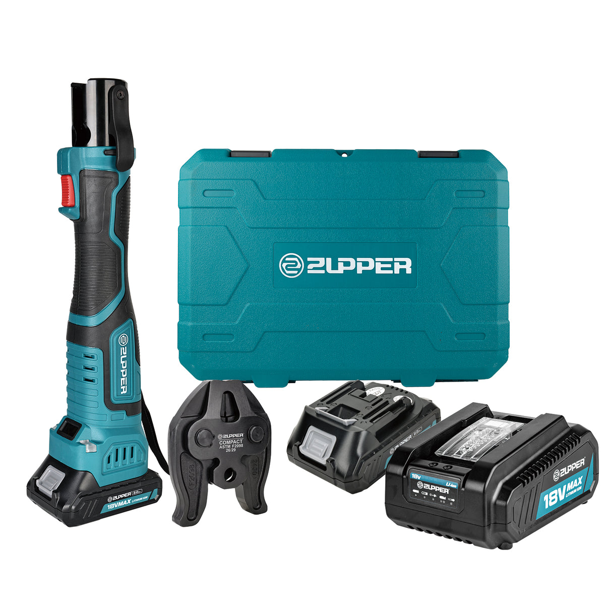 ZUPPER Cordless PEX Clamp Tool Kit, 24 kN, ASTM F2098 Clamp Jaw 3/8–1 in., 2 Batteries, Charger & Carrying Case – MP-2430-F2098