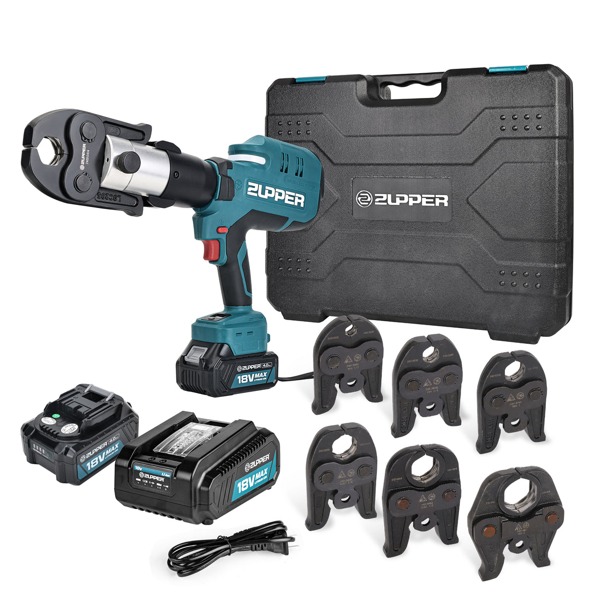 ZUPPER Cordless Press Tool Kit for Copper Pipe, 32 kN Battery Powered Press Tool with 6 VUS Jaws 1/2–2 in., 2×18V 4.0Ah Batteries, Charger & Carrying Case – MEG-3240