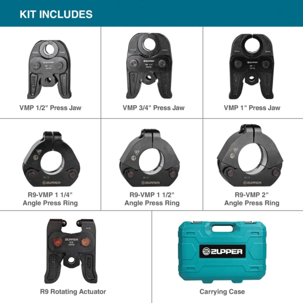ZUPPER Press Jaws, 1/2" to 2" Pressing Jaws and Rings Kit Suitable for MegaPress fittings Carbon Steel Pipes, Compatible with Standard Press Tools (32 kN / 7,200 lbs) - with Carrying Case