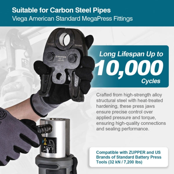 ZUPPER Press Jaws, 1/2" to 2" Pressing Jaws and Rings Kit Suitable for MegaPress fittings Carbon Steel Pipes, Compatible with Standard Press Tools (32 kN / 7,200 lbs) - with Carrying Case