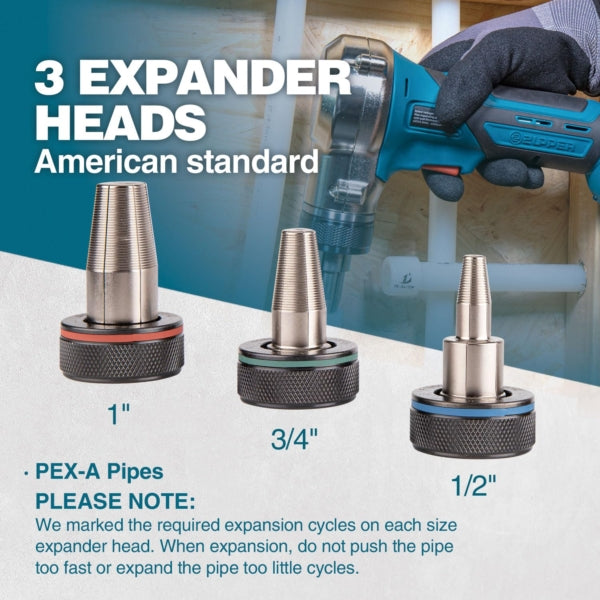 ZUPPER Cordless Tube Expander, 18V Electric Tubing Expansion Tool for 1/2", 3/4", 1" PEX-A Pipes, Pipe Expander Kit Suitable for ASTM F1960 ProPEX rings - with 3 Expanding Heads, 2pcs Battery