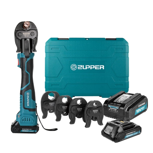 ZUPPER Press Tools 18V Compact Copper Pipe Press Tool Kit for 1/2 in. to 1-1/4 in. Copper Fittings, 4 VUS Press Jaws, 2 Batteries