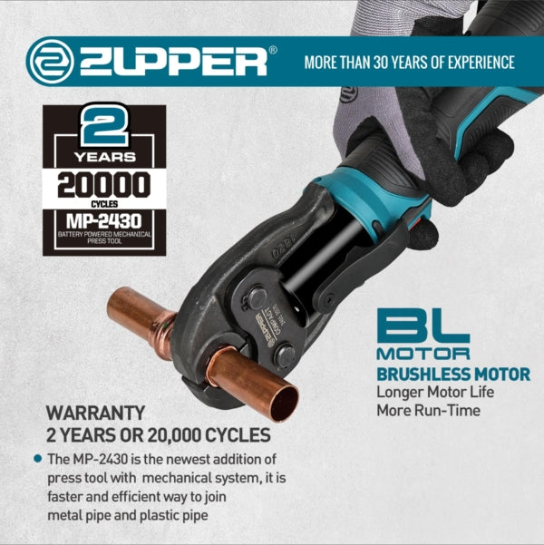 ZUPPER Press Tools 18V Compact Copper Pipe Press Tool Kit for 1/2 in. to 1-1/4 in. Copper Fittings, 4 VUS Press Jaws, 2 Batteries