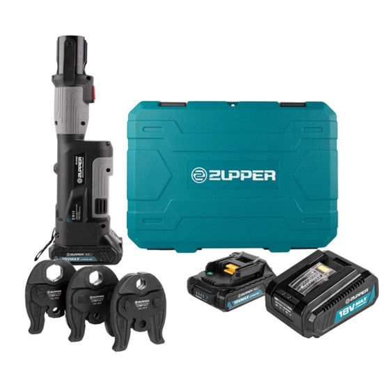 ZUPPER Press Tool, 18V Electric Pipe Crimping Tool for 1/2, 3/4, 1 Copper Pipes, Compact Press Tool Kit Suitable for Copper ProPress fittings with Brushless Motor, 3 VUS Press Jaws, 2pcs Battery
