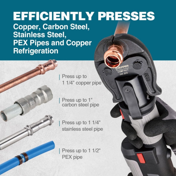 ZUPPER Press Tool, 18V Electric Pipe Crimping Tool for 1/2, 3/4, 1 Copper Pipes, Compact Press Tool Kit Suitable for Copper ProPress fittings with Brushless Motor, 3 VUS Press Jaws, 2pcs Battery