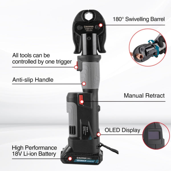 ZUPPER Press Tool, 18V Electric Pipe Crimping Tool for 1/2, 3/4, 1 Copper Pipes, Compact Press Tool Kit Suitable for Copper ProPress fittings with Brushless Motor, 3 VUS Press Jaws, 2pcs Battery