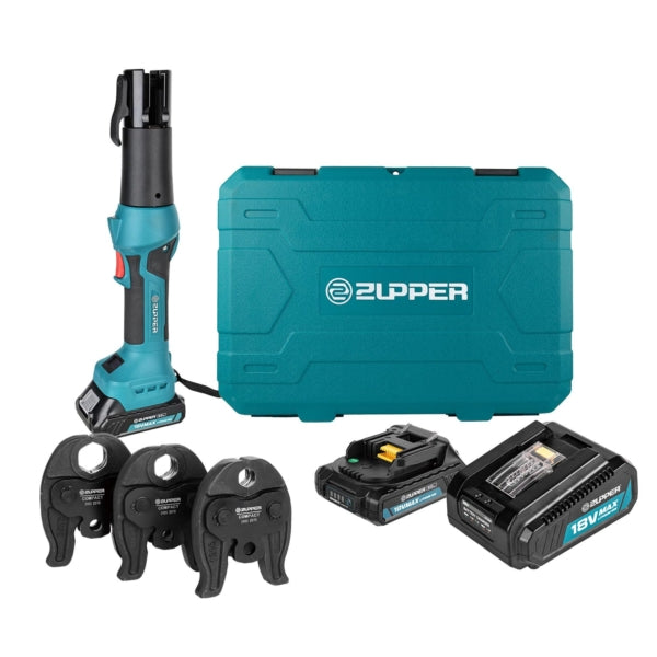 ZUPPER Press Tool, 18V Electric Pipe Crimping Tool for 1/2, 3/4, 1 Copper Pipes, Compact Press Tool Kit Suitable for Copper ProPress fittings with 3 VUS Press Jaws, 2pcs Battery