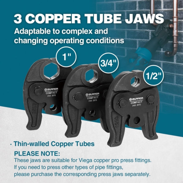 ZUPPER Press Tool, 18V Electric Pipe Crimping Tool for 1/2, 3/4, 1 Copper Pipes, Compact Press Tool Kit Suitable for Copper ProPress fittings with 3 VUS Press Jaws, 2pcs Battery
