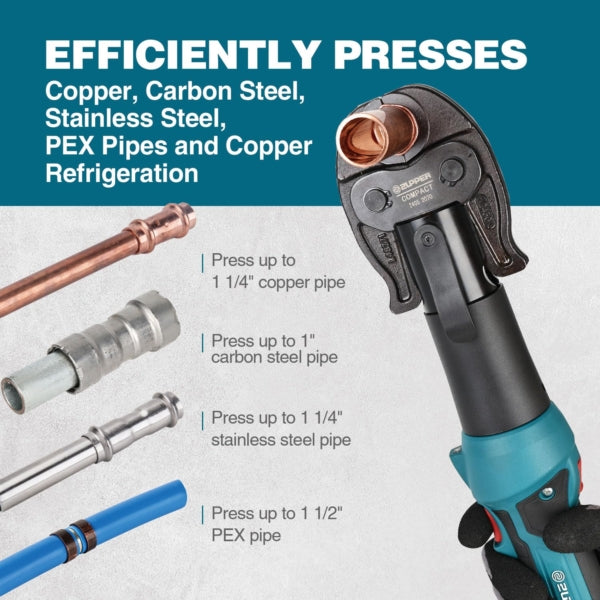 ZUPPER Press Tool, 18V Electric Pipe Crimping Tool for 1/2, 3/4, 1 Copper Pipes, Compact Press Tool Kit Suitable for Copper ProPress fittings with 3 VUS Press Jaws, 2pcs Battery