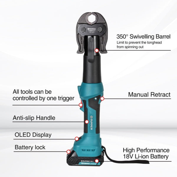ZUPPER Press Tool, 18V Electric Pipe Crimping Tool for 1/2, 3/4, 1 Copper Pipes, Compact Press Tool Kit Suitable for Copper ProPress fittings with 3 VUS Press Jaws, 2pcs Battery