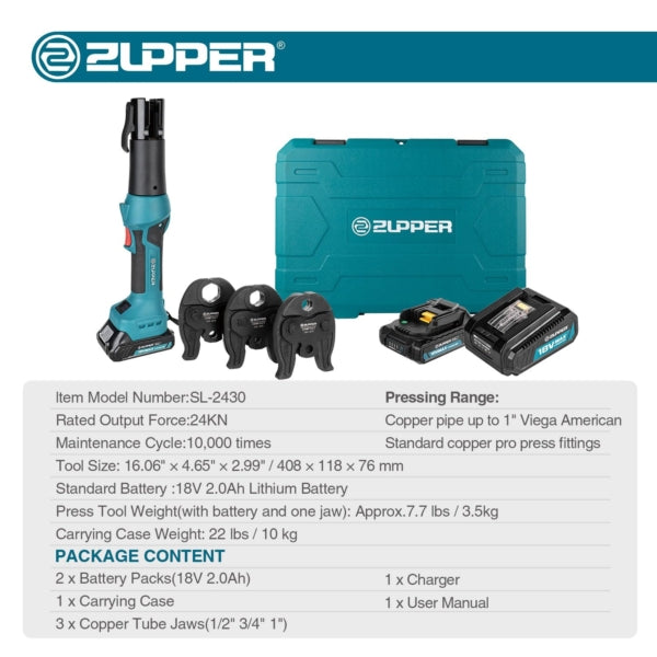 ZUPPER Press Tool, 18V Electric Pipe Crimping Tool for 1/2, 3/4, 1 Copper Pipes, Compact Press Tool Kit Suitable for Copper ProPress fittings with 3 VUS Press Jaws, 2pcs Battery