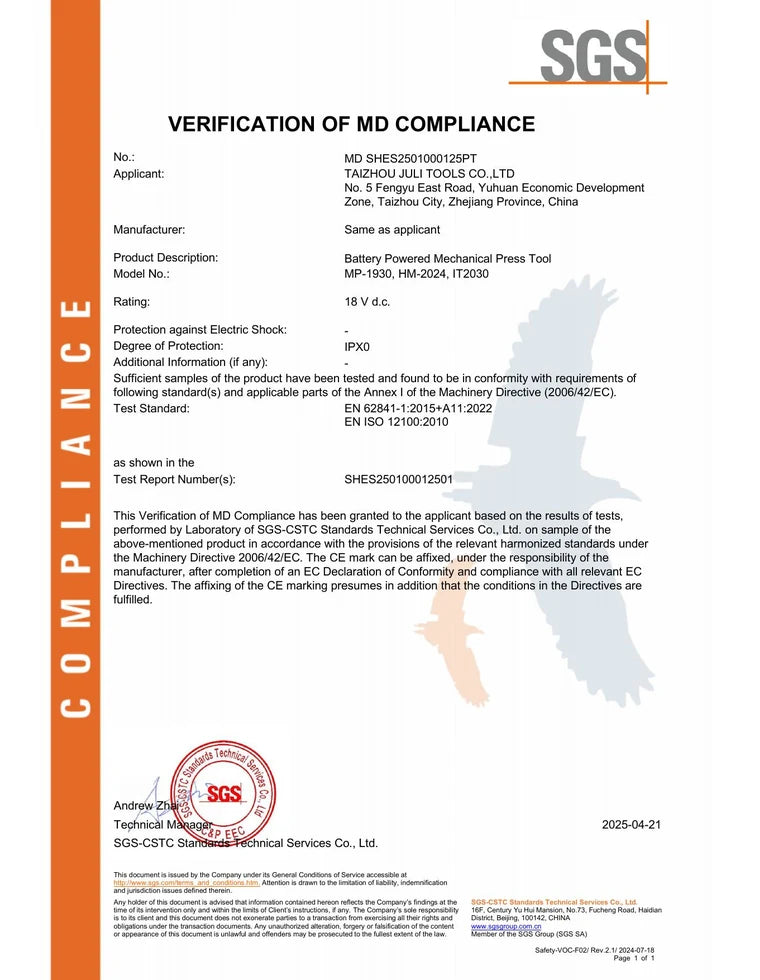 SGS CE Machinery Directive certificate for MP-1930