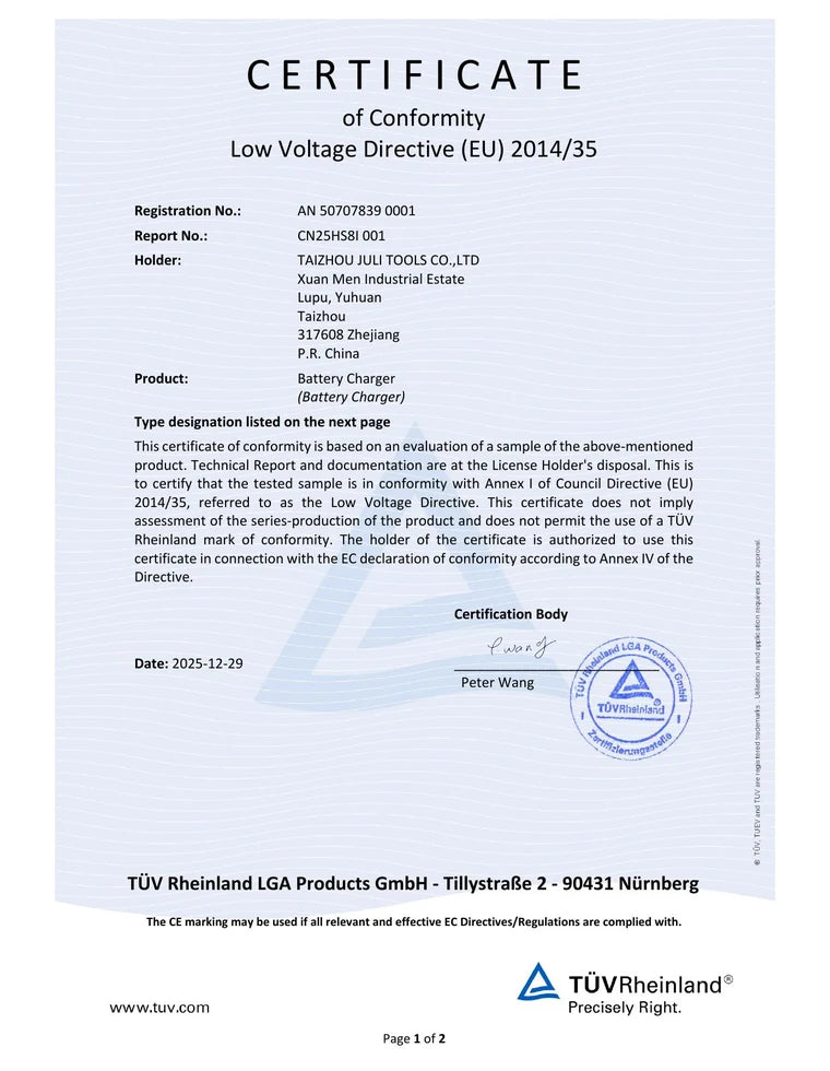TÜV Rheinland CE Low Voltage Directive certificate for DC-5S92-3A Charger