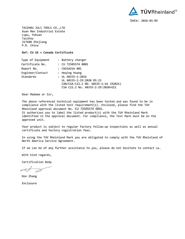 TÜV Rheinland US + Canada Certificate certificate for DC-5S92-3A Charger
