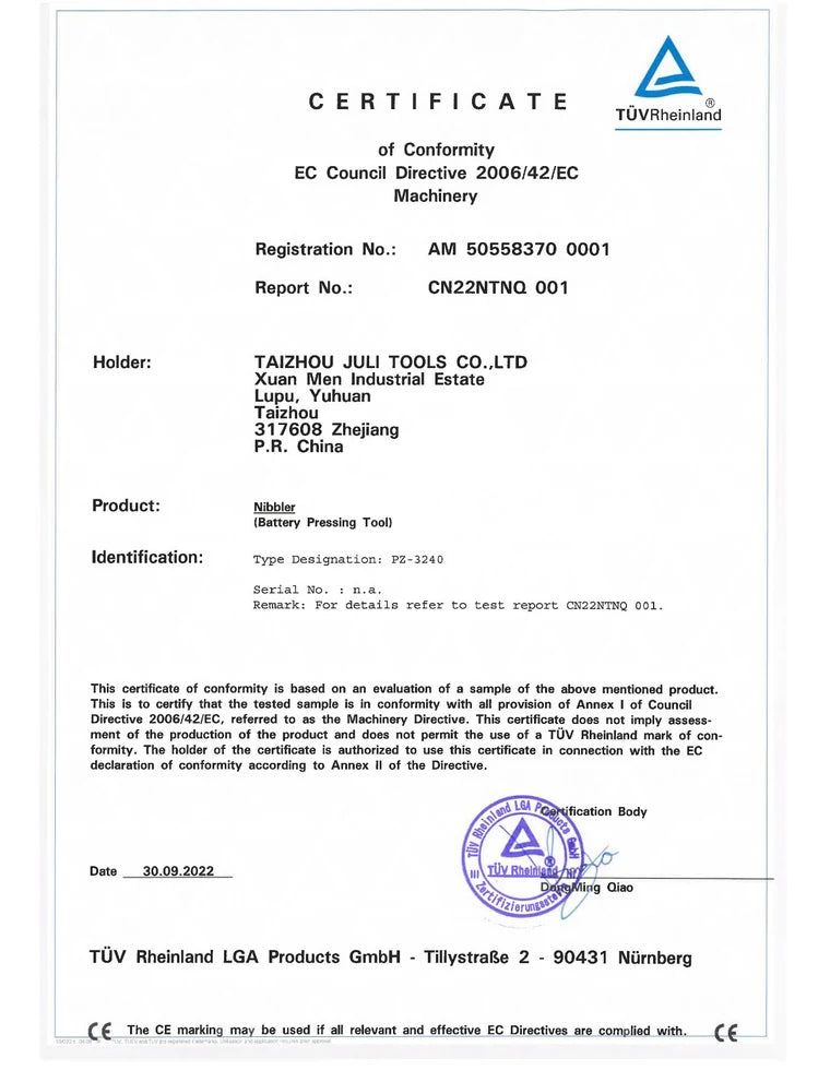 TÜV Rheinland CE Machinery Directive certificate for PZ-3240