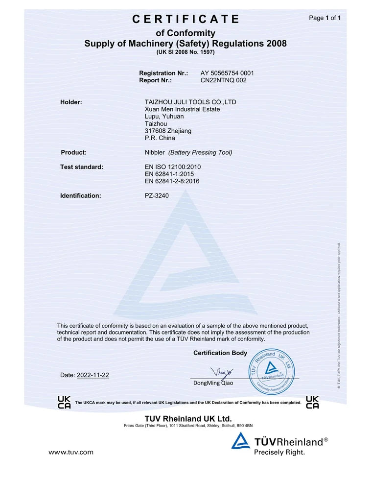 TÜV Rheinland UKCA Machinery certificate for PZ-3240