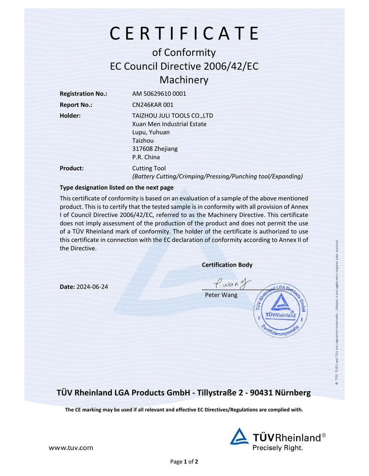 TÜV Rheinland CE Machinery Directive certificate for SL-2430 / SL series