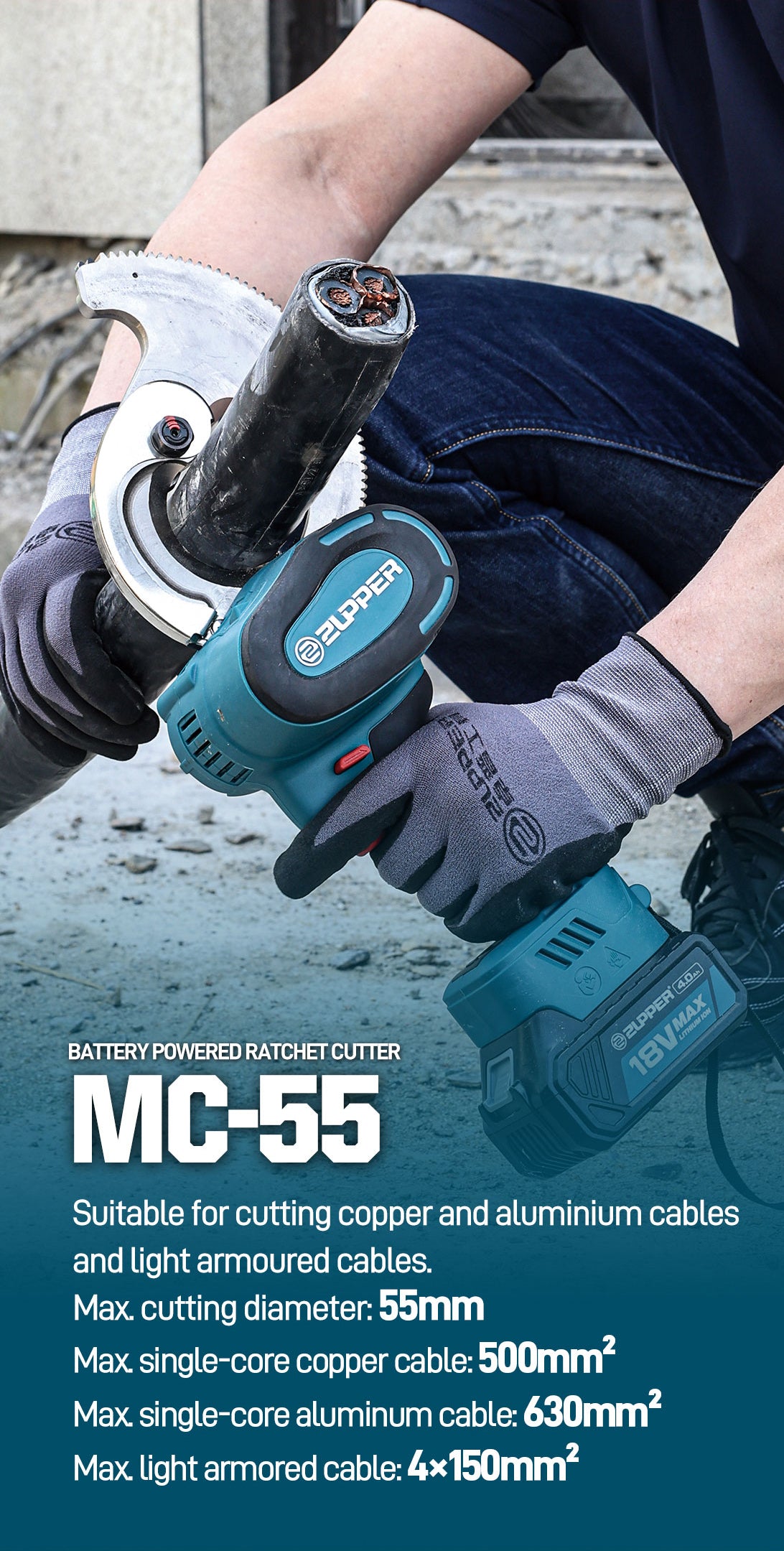 ZUPPER MC-55 cordless cable cutter cutting a heavy electrical cable