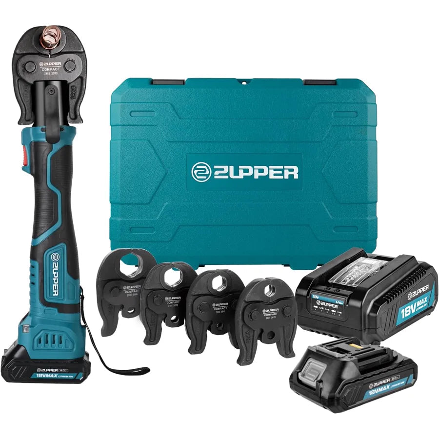 ZUPPER MP-2430 cordless press tool kit with four jaws, case, charger, and two batteries