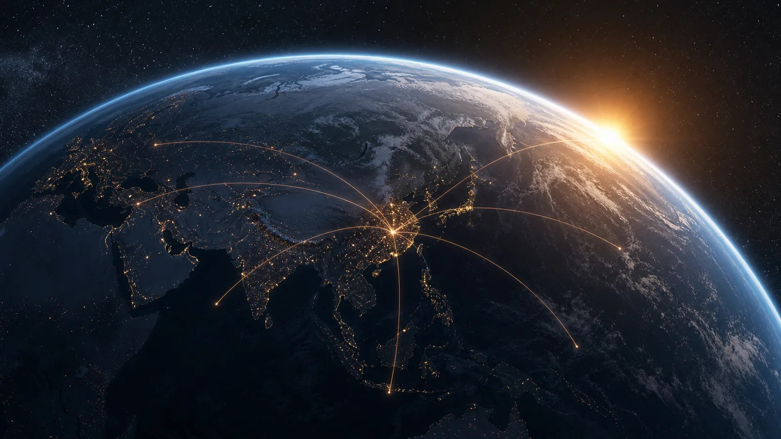 Earth centered on Asia with global supply connections